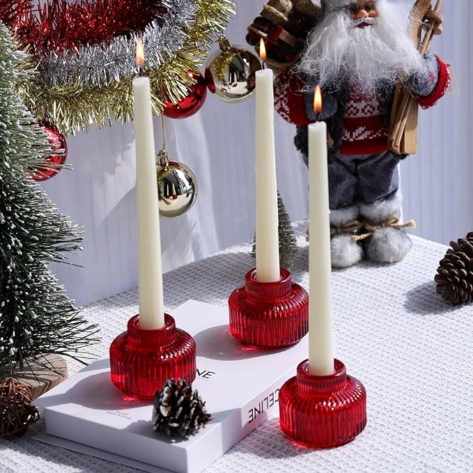 Woho Red Taper Candle Holders Set of 4 for Christmas Decorations, Reversible Ribbed Glass Candlestick Holders for Wedding Table, Vintage Candle Sticks Holder Decor for Valentines Day Decor