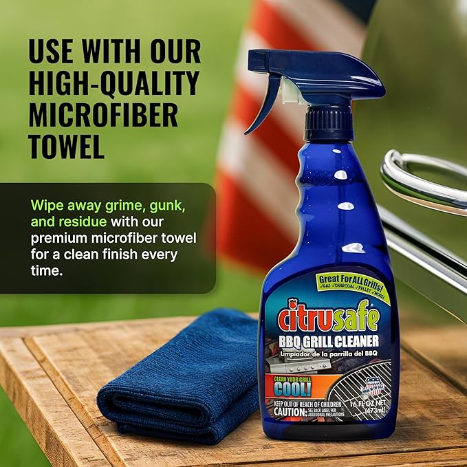 Citrusafe Complete Grill Cleaning Kit - Grill Cleaner Spray (16oz), Scrubber 3 Pack, Nylon Brush, Cookbox Scraper and Microfiber Cleaning Towel - Tools to Clean BBQ Grill Grates, Smokers, Ovens