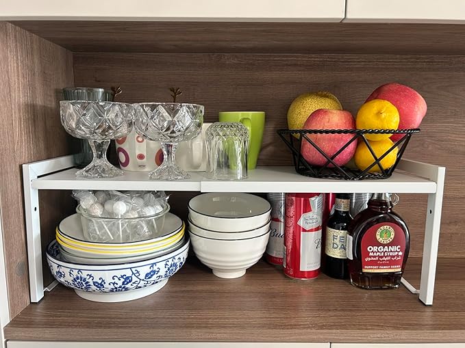 Expandable Cabinet Shelf Organizer 16-26" L Stackable Kitchen Counter Shelf Rack Stand Sink Riser Countertop Storage White (Normal 7.9"D)