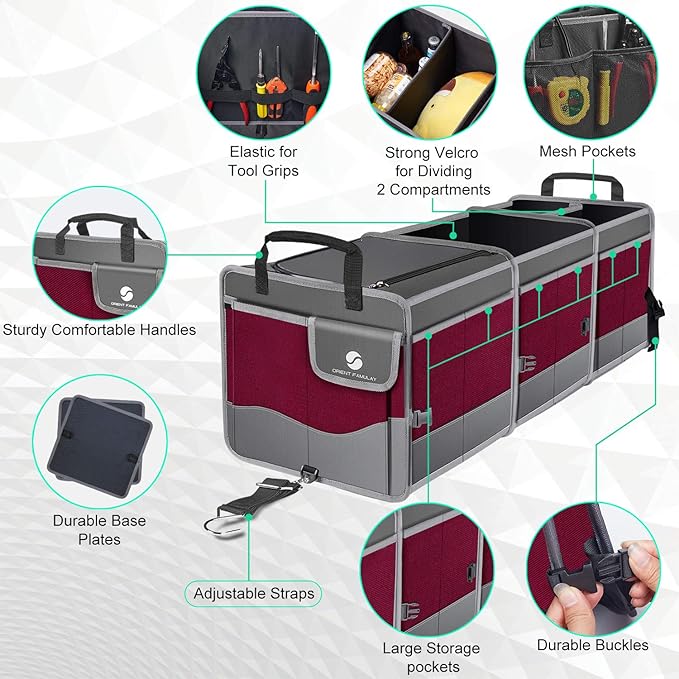 Trunk Organizer with Cooler, Collapsible Trunk Storage Container with Non-Slip Bottom Strips, Large Multi-Compartment Waterproof Car Trunk Organizer for Groceries, for Vehicle Sedan, SUV, Van (Wine Red)