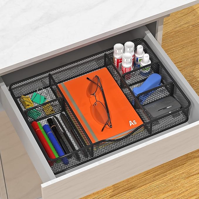 Desk Drawer Organizer, Metal Mesh Drawer Organizer Tray with 6 Adjustable Compartments, Tray Organizer for Desktop, Kitchen, Bathroom, Makeup, Vanity - 14.5x8.8x1.96 inch, Black, 1PC Large