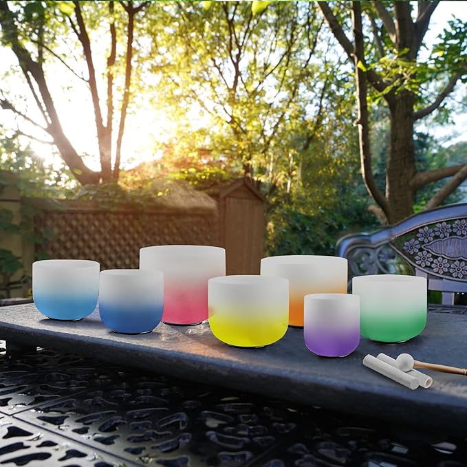 Ryan Dvan 432Hz 7"-12" Set of 7 Crystal Singing Bowl Set – Gradient Color Quartz Bowls for Chakra Healing, Meditation, Sound Bath & Yoga.Sound Therapy Tools with Suede Mallets & O-Rings.