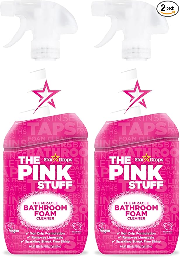 Stardrops - The Pink Stuff Miracle Bathroom Foam Cleaner, 30 fl oz – Now 20% More! Powerful Foaming Action for Showers, Sinks, Tubs & Tiles – Removes Soap Scum, Limescale & Grime with Ease (Pack of 2)