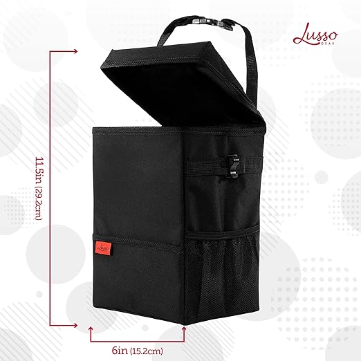 Lusso Gear Car Trash Can with Lid and Removable Liner, Hanging Car Trash Bag with Hooks, Waterproof Fabric Car Garbage Bin, Automotive Travel, Trashcan Car Accessories, for Truck Van and SUV (Red)