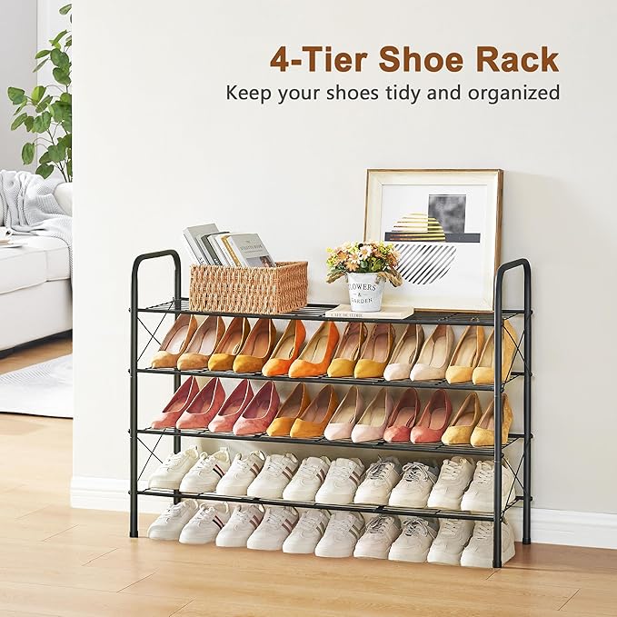 Hoctieon 4 Tier Mesh Style Shoe Rack, Entryway Shoe Shelf, Shoe Storage Organizer, Shoe Rack for Closet, Space Saver for Bathroom, Garage, Hallway, Bedroom, Living Room, Black