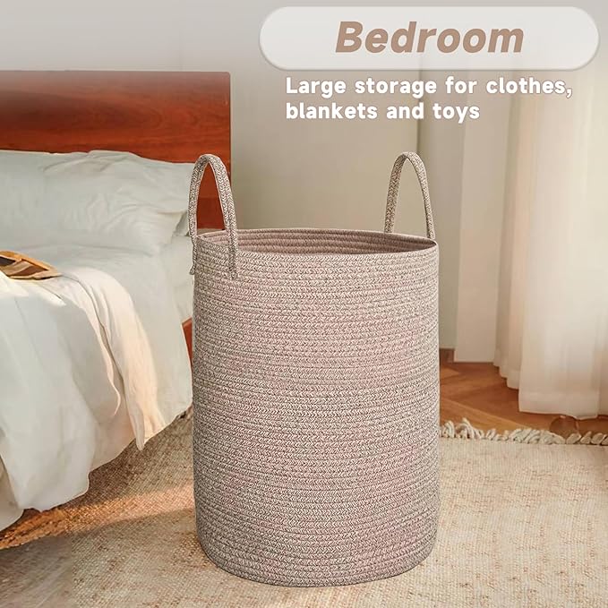 Large Woven Laundry Basket Hamper, 60L Cotton Rope Storage Bin for Blankets, Toys, and Clothes, Decorative Tall Nursery Hamper for Living Room, Baby Nursery, Bathroom, and Bedroom, Oatmeal