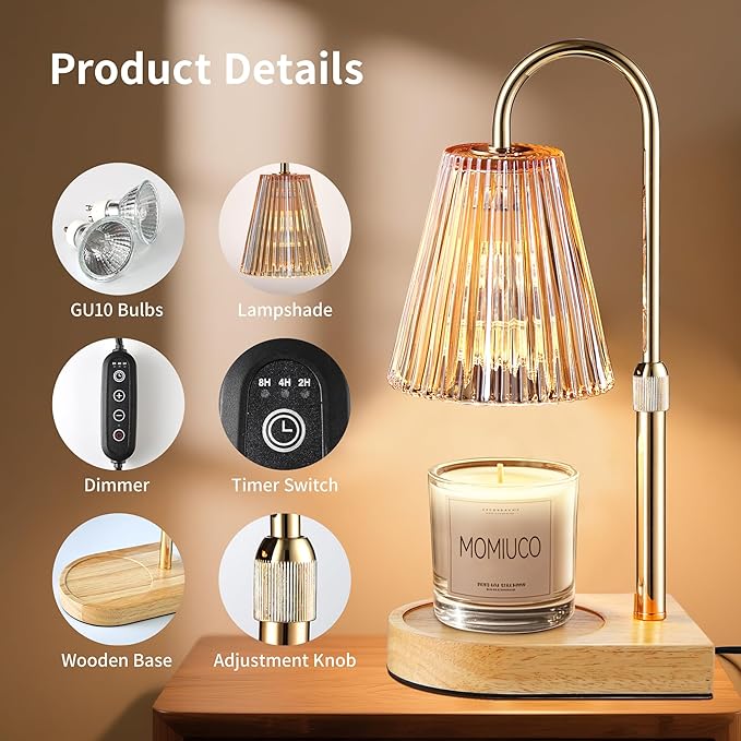 Candle Warmer Lamp with Timer Dimmer, Electric Candle Warmer, Bedroom Home Decor, Adjustable Height, Wax Melt Warmer with 2 Bulbs for Jar Candles