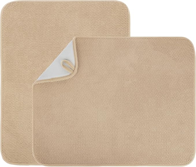VESHE 2 Pack Microfiber Dish Drying Mat for Kitchen Counter, Ultra Absorbent Dish Drainer Mat, Dish Drying Pad, Dish Rack Mat 20×15 Inch (Beige)