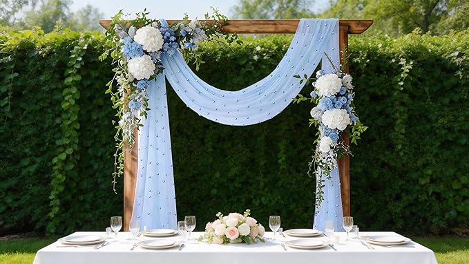 Socomi Pearl Table Runner Blue Summer Wedding Arch Draping Fabric 19FT Sheer Tulle Chiffon Gauze Cheese Cloth Outdoor Drapes for Birthday Party Baby Shower Bridal Engagement Decor