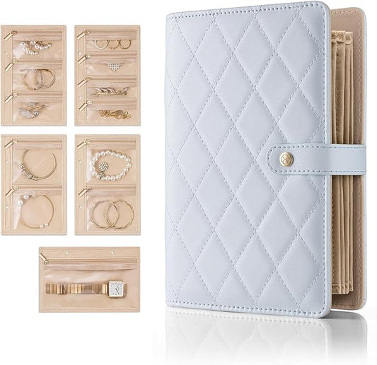 Vlando Jewelry Book Organizer - Leather Travel Jewelry Case with 5 Detachable Pages for Necklaces, Rings, Earrings, Tangle-Free, Giftable,Baby Blue
