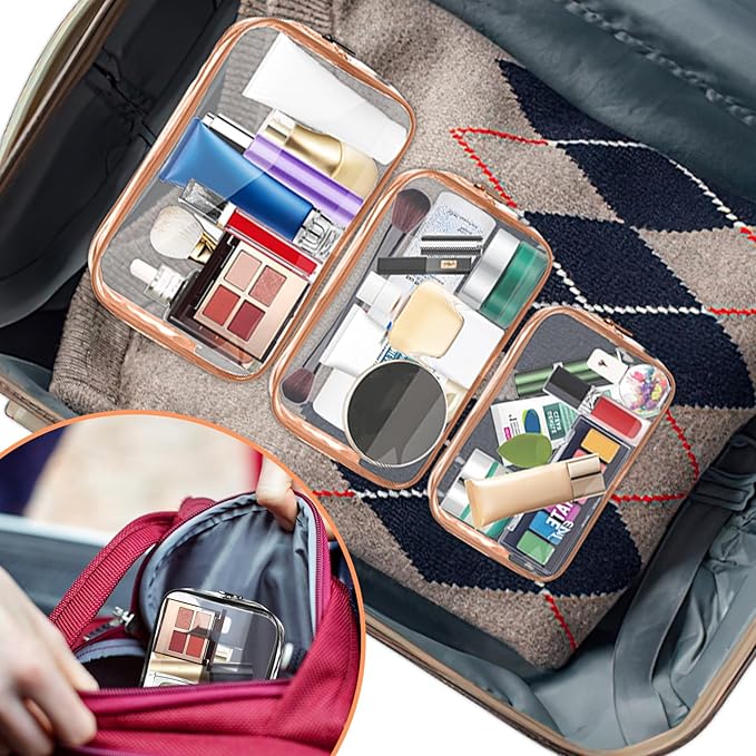 AURUZA Clear Makeup Bag, Portable Travel Toiletry Bags with Zipper, TSA Approved Clear Organizer Bags, PVC Cosmetic Pouch for Airport Airline Compliant