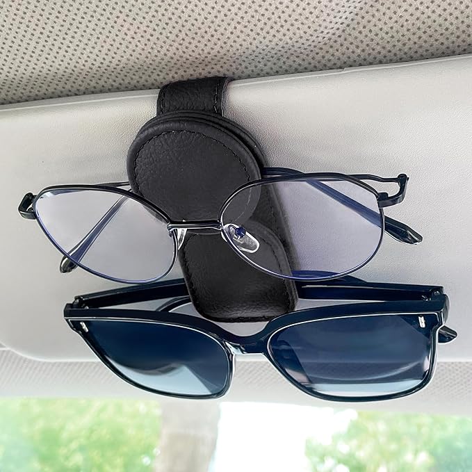 KIWEN Sunglasses Holder for Car Visor, Magnetic Leather Sunglass Eyeglass Hanger Clip for Car Sun Visor Accessories (1, Black)