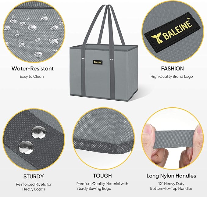 BALEINE 3-Pack Reusable Grocery Bags, Foldable Shopping Bags for Groceries with Reinforced Bottom & Handles (Gray)