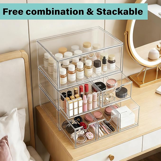 Prsildan Acrylic Makeup Organizer Stackable Clear Storage Drawers for Baby Bottles Desk Organizers for Countertop Vanity Nursery Adjustable Modular System for Cosmetics Jewelry