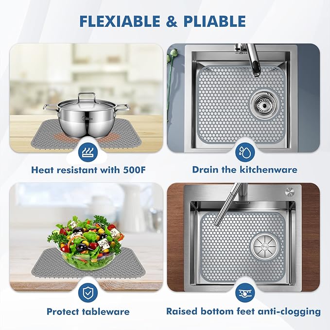 Silicone Kitchen Sink Protector Mat with Rear Drain - 13.58''x 11.6'' Kitchen Sink Accessory, Folding Non-Slip Heat Resistant Mat Grid for Bottom of Stainless Steel Porcelain (Rear Hole)