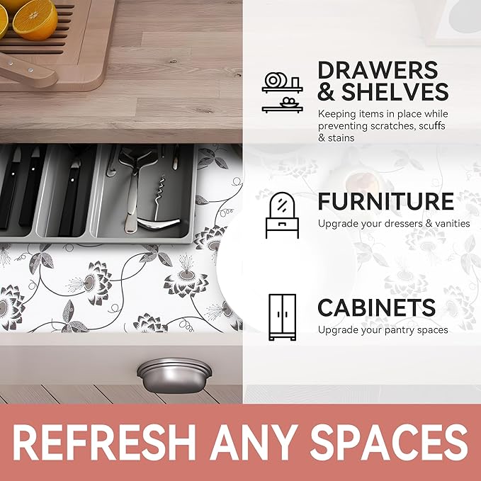 RAY STAR Shelf Liner, Non Adhesive Black Leaves Floral Cabinet Liner for Pantry Drawer, Non Slip, Shelf Liners for Kitchen Cabinets Cupboard 12 Inch x 10 FT (7 Rolls) Signature Delivery