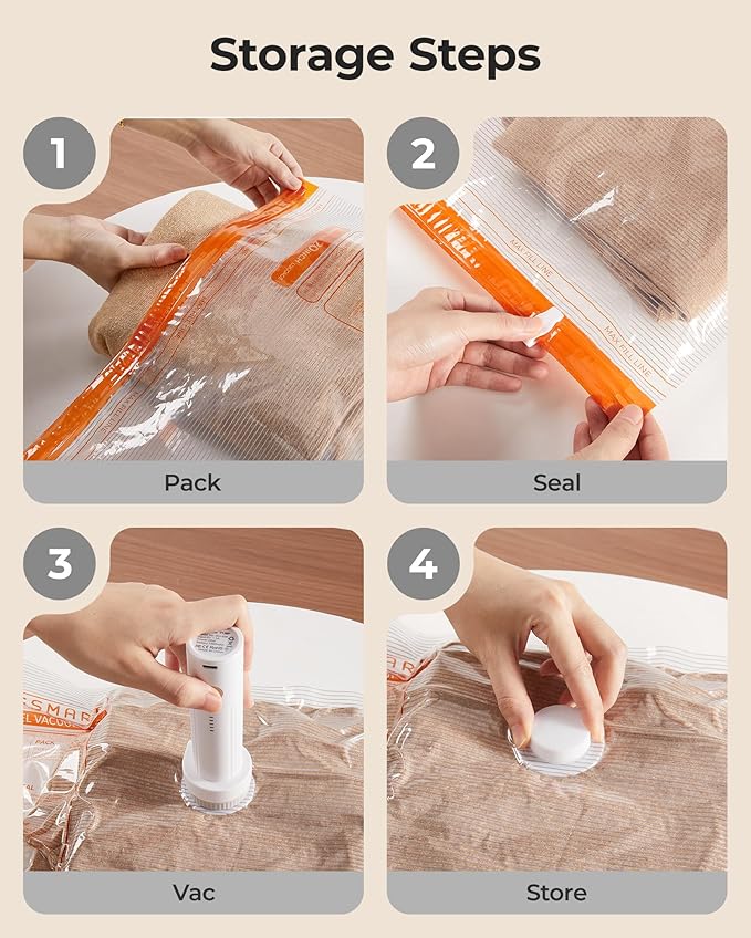 BAGSMART Vacuum Storage Bags for Travel with Rechargeable Air Pump, 15 Pack Portable Space Saver Bags for Travel & Home, Vacuum Compression Seal Bag for Clothing, Blanket, Duvets