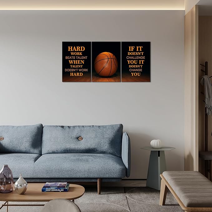 KAWAHONE-3 Pieces Basketball Motivational Work Hard Canvas Wall Art, Inspirational Quotes Pictures Wall Decor, Basketball Sports Poster Black and White Positive Poster Framed Motivation Gift for Entrepreneur Men Women Painting Artwork for Home Office