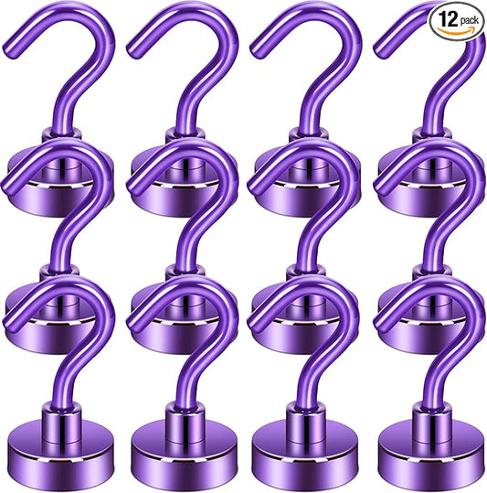 Neosmuk Magnetic Hooks, Heavy Duty 30lb+ Strong Magnet Hook for Cruise Cabins, Cruise Ship Essentials for Hanging, Metal Wall Refrigerator Hangers (Purple, 12 Pack)