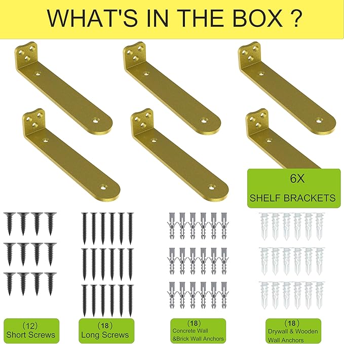 Floating Shelf Bracket, 12 Inch 6PACK Gold Heavy Duty Shelf Bracket, Hidden Shelf Brackets 1/5 in Thick, L Brackets Support for Shelves, Suitable for Kitchen, Study Or DIY, Holds Over 160lb+