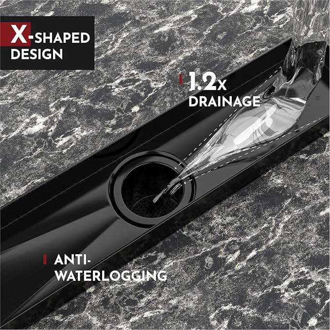 WEBANG 28 Inch Linear Shower Drain Rectangular Floor Drain with Accessories Square Hole Pattern Cover Grate Removable SUS304 Stainless Steel CUPC Certified Matte Black