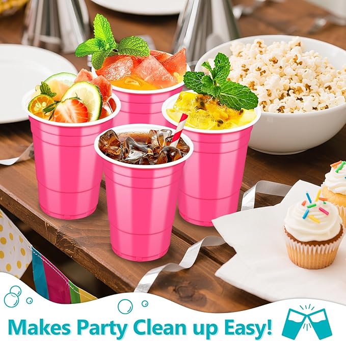 LANLISA 50 Hot Pink Plastic Cups, 16 oz Disposable Cups, Drinking Cups For Birthday Party, Valentines, Mothers Day
