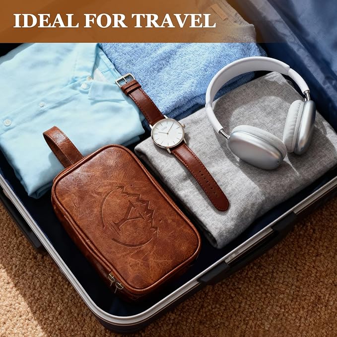 Travel Toiletry Bag for Men,Mens Shaving Bags for Toiletries,Men's Toiletry Travel Bag Leather,Personalized Travel Essentials,Birthday Gifts For Men,Brown- Y