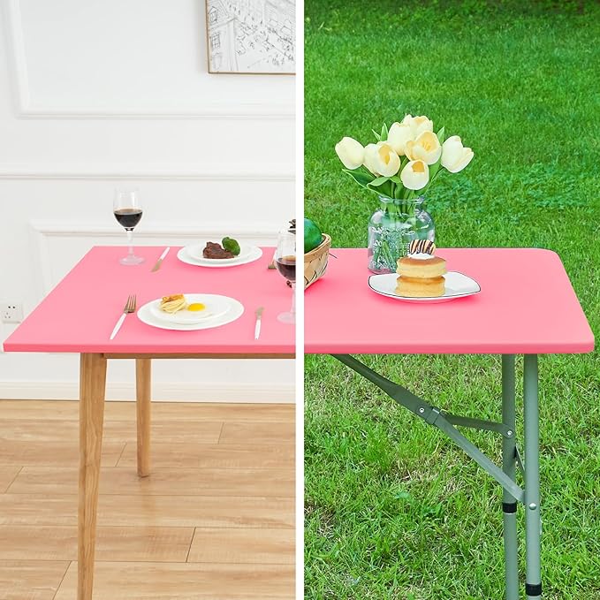 NEWISHER Fitted Rectangle Tablecloth 36 x 48 Inch Elastic Table Cloth Stretch Spandex Table Cover Pink Washable Polyester Table Top Cap Cover for Dining Picnic Camping Indoor and Outdoor