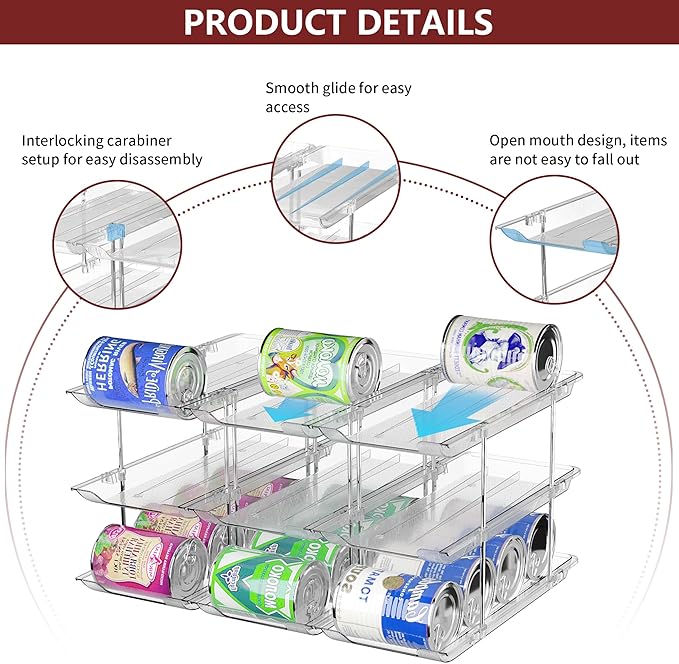 Can Organizer for Pantry, 3 Sets 4 Tiers Can Storage Organizer Pantry, Soda Can Organizer for Fridge 48 Cans Rack Automatic Rolling Stackable Canned Food Organizer, Clear