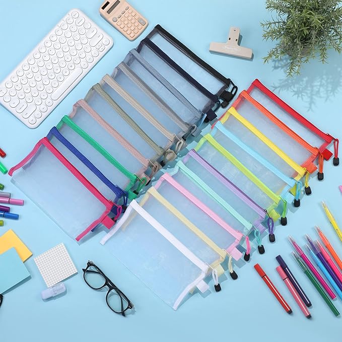 Leelosp 80 Pcs Mesh Zipper Pouch Bulk Back to School Pencil Storage Pouch Mesh Cosmetics Bags Toiletry Makeup Bags for Office Travel Organization(Multicolor,9 x 4.7 Inch)