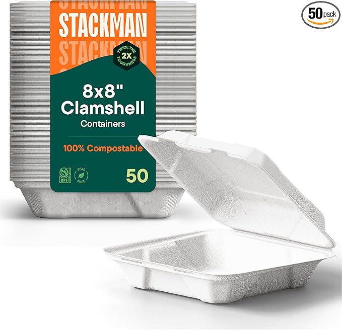 100% Compostable Clamshell Take Out Food Containers [8X8" 50-Pack] Heavy-Duty Quality to go Containers, Natural Disposable Bagasse, Eco-Friendly Biodegradable Made of Sugar Cane Fibers