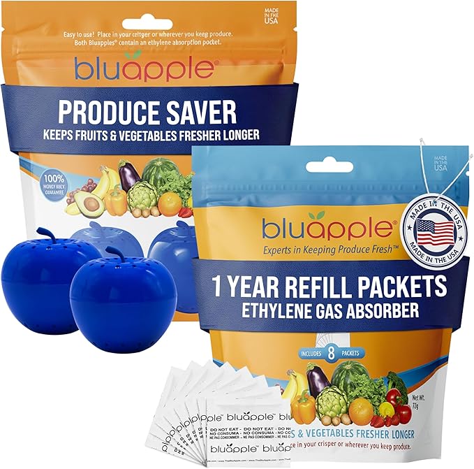 Bluapple Produce Saver Ethylene Gas Absorber - Fresh Fruit & Vegetable Storage for Refrigerator, Kitchen Must Haves, Produce Keeper, Fruit Saver, Each Packet Lasts 3 Months, BPA Free - 15-Month Bundle