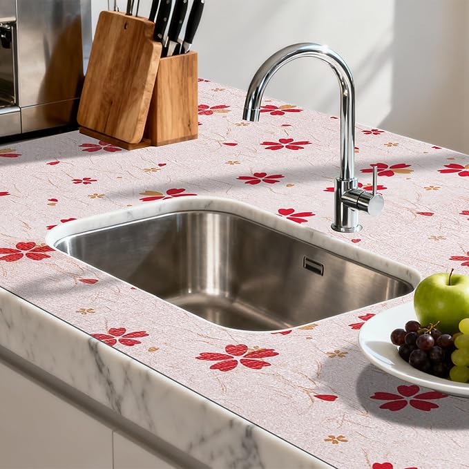 FIFTY FEET 12"x120" Non-Adhesive Shelf Liner for Kitchen Cabinets and Drawers, Washable Non-Slip PVC Cabinet Liner (Red Floral)(8 Roll)