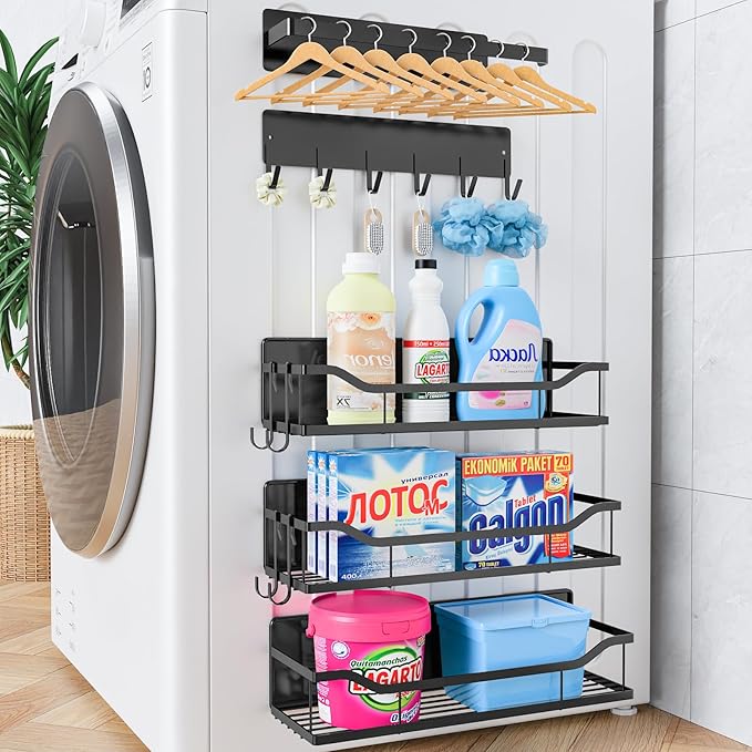 Magnetic Spice Rack, Multifunctional Magnetic Shelf for Washing Machine, Refrigerator, Microwave, and Any Metal Surface, Powerful Magnetic Shelves Include Magnetic Paper Towel Holder (5 pcs - Black)