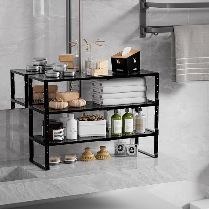 Zilvando Expandable Spice Rack & Kitchen Cabinet Organizer - Stackable, Adjustable Shelves for Cabinets, Countertops, Cupboards & Pantries(3 Packs/Medium/Black)