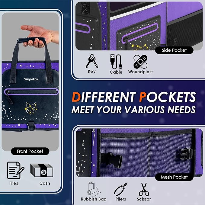 63L Car Trunk Organizer for SUVs & Small/Midsize Cars - Fluorescent Design, Waterproof, Collapsible with Adjustable Straps (Purple-M004)