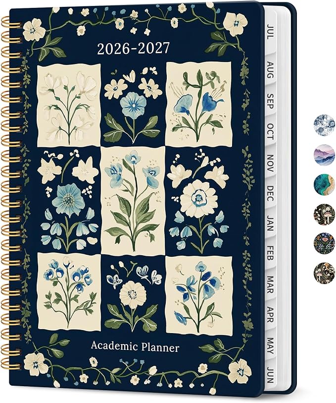 Planner 2026-2027, Academic Monthly and Weekly Calendar Planner for Women, July 2026 - June 2027, Hardcover Pretty Agenda Planner Book with Tabs, Spiral Daily Organizer for School Office Home Supplies, 6.3" x 8.5" - Blue Patchwork
