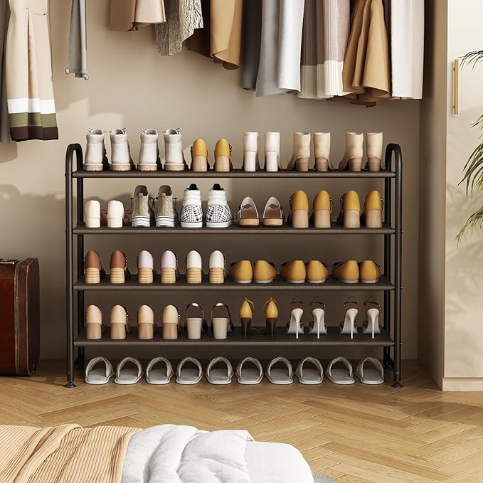 Shoe Rack 4-Tier Long Storage Organizer, Wide Metal Shoe Shelf for Closet, Entryway, Brown