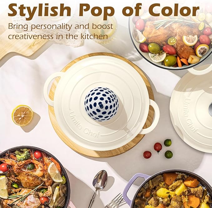 Umite Chef Enameled Cast Iron Dutch Oven-7QT Pot with Lid Cookbook & Cotton, Heavy-Duty Cookware for for Bread Baking, Braising, Stews, Marinate, Cook(Cream White)