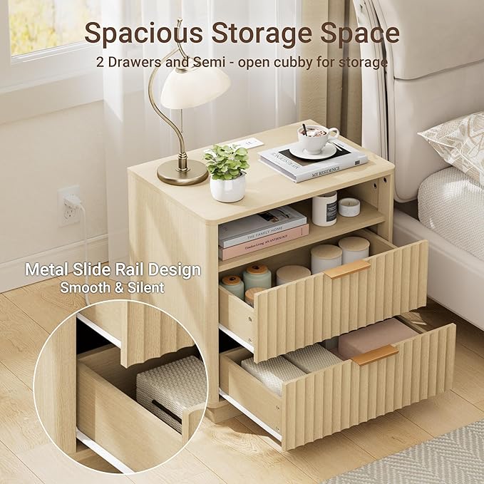 Large Fluted Nightstand Set of 2 with Charging Station, 23" Modern Farmhouse Night Stand, 2 Drawers End Table with Storage, Bedside Table for Bedroom Sofa Home Office, Natural Oak