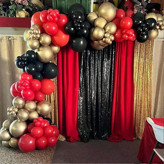 PTGOLUO 153Pcs Red and Black Gold Balloons Garland Arch Kit - 18 12 10 5 inch Different Size Black and Red Metallic Gold Balloons for Casino Anniversary Night Hollywood Movie Night Party Decorations