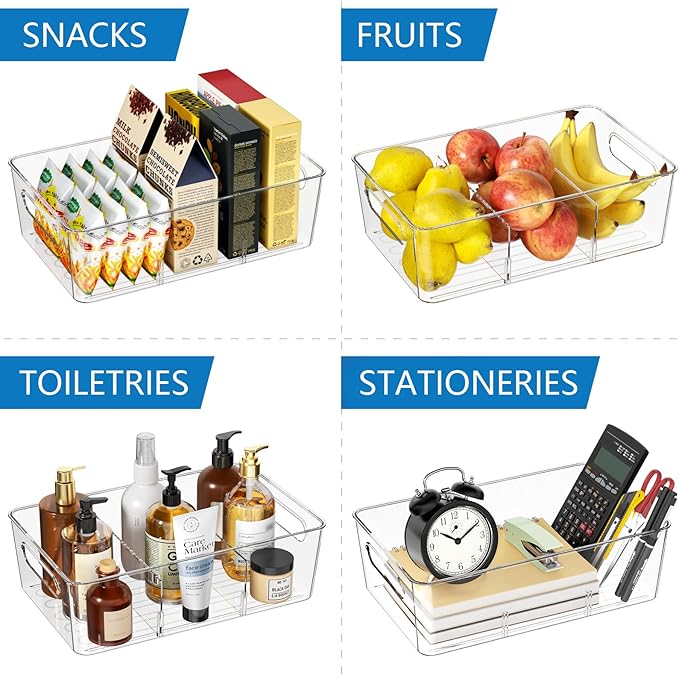Pantry Organizers and Storage, 8 Pack Snack Organizer for Pantry Shelf, Food Storage Bins with Dividers, Clear Containers for Organizing, Transparent Plastic Basket, Refrigerator and Fridge Bins