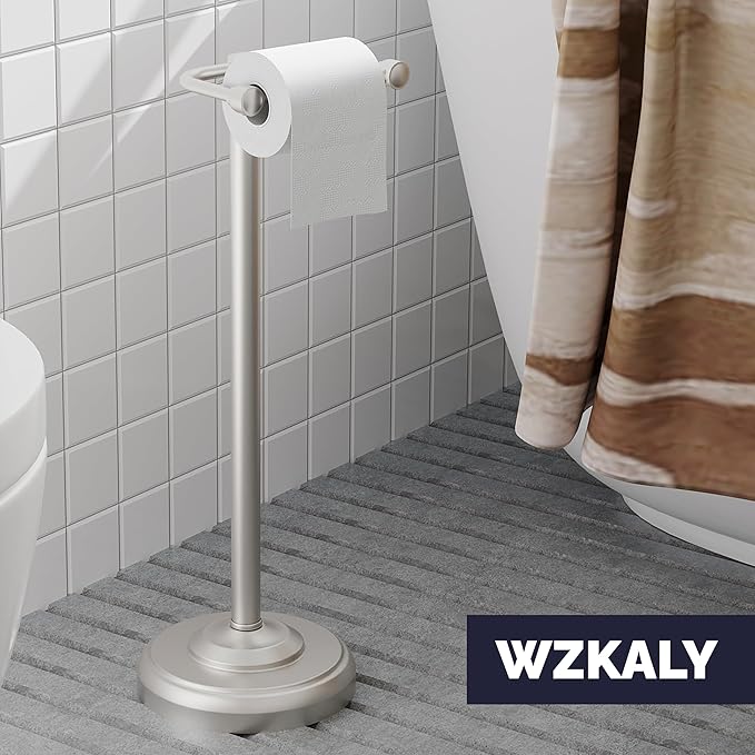 WZKALY Toilet Paper Holder Stand, Brushed Nickel Toilet Paper Holder Free Standing, Post Pivoting Design & Stable Weighted Base SUS304 Stainless Steel for Bathroom (Mega Roll)