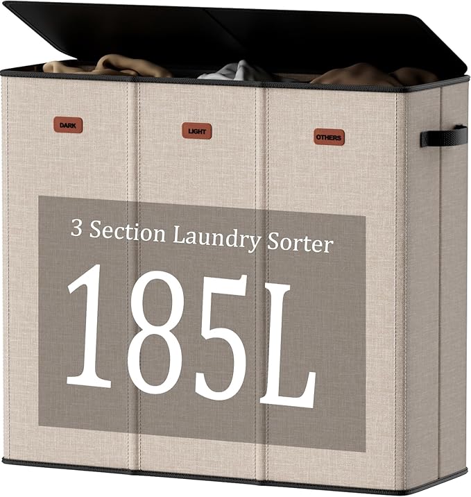 185L Laundry Hamper 3 Section with Lid, Khaki Large Laundry Basketr with 3 Removable Laundry Bags, Dirty Clothes Hamper for Bedroom, Laundry Room, Dorm