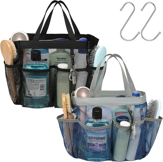 F-color Mesh Shower Caddy Portable - 2 Handles Upgrade Deeper 7 Pockets Basket Bag Tote for College Dorm Room Toiletry Bathroom Essentials Gym Camp Quick Dry with S Hook, 2 Pack, Black & Blue