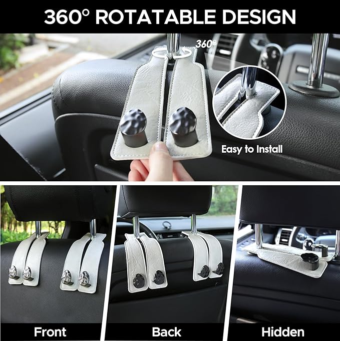 URIZZD 4 PCS Leather Car Seat Hooks for Headrest, Vehicle Hanger Storage Organizer Universal for Handbag Purse, Car Accessories Gift (White-Black-4 PCS)