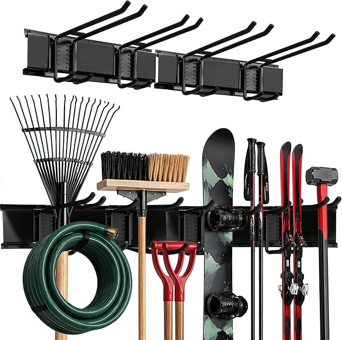 TIDYME Garage Wall Organizer | 32" Heavy-Duty Tool Storage Rack | Adjustable Double-Layer Hooks | 200 lbs Capacity | Carbon Steel Wall Mount Holder for Shovels, Rakes, Ladders & Power Tools
