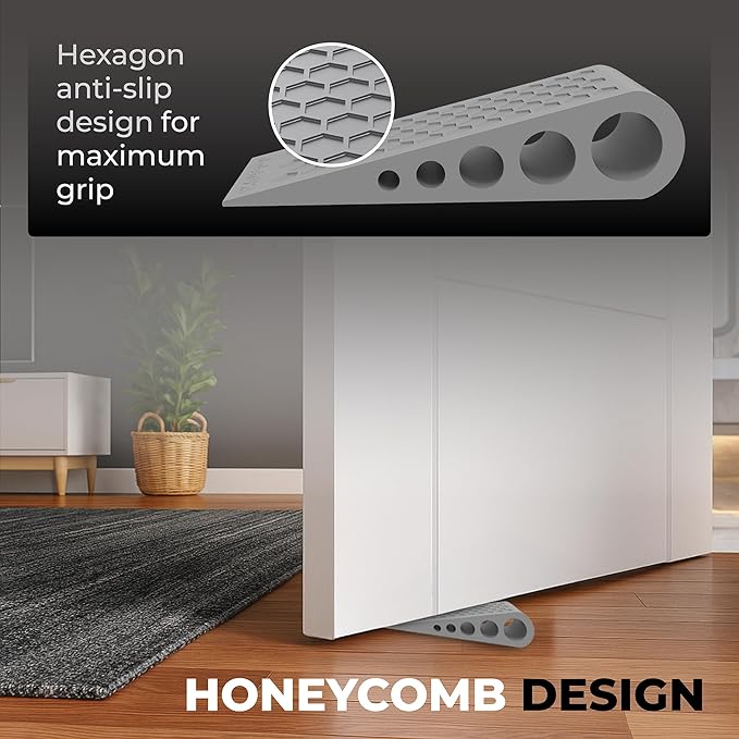 Door Stoppers for Bottom of Door Premium Floor Rubber Door Stop Wedge Made in USA Heavy Duty Honeycomb Design for Carpet, Tile, Ideal for Home, School, Commercial,Gray 3 Pack