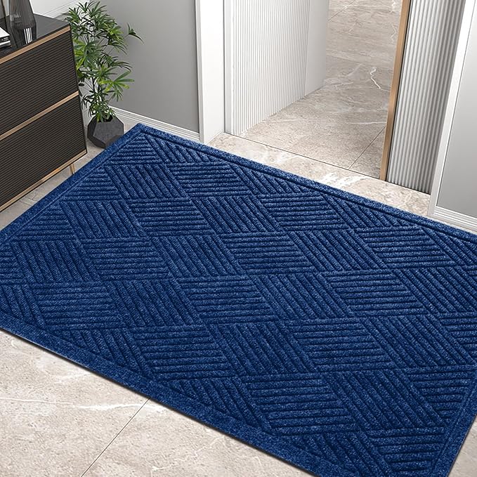 Sturdy Front Door Mat, Absorbent Muddy Dirt Resist Welcome Door Mats Outdoor Indoor, Stain and Fade Resistant, Non-Slip Rubber Backing Low Profile Doormat for Entryway, 47×32, Blue