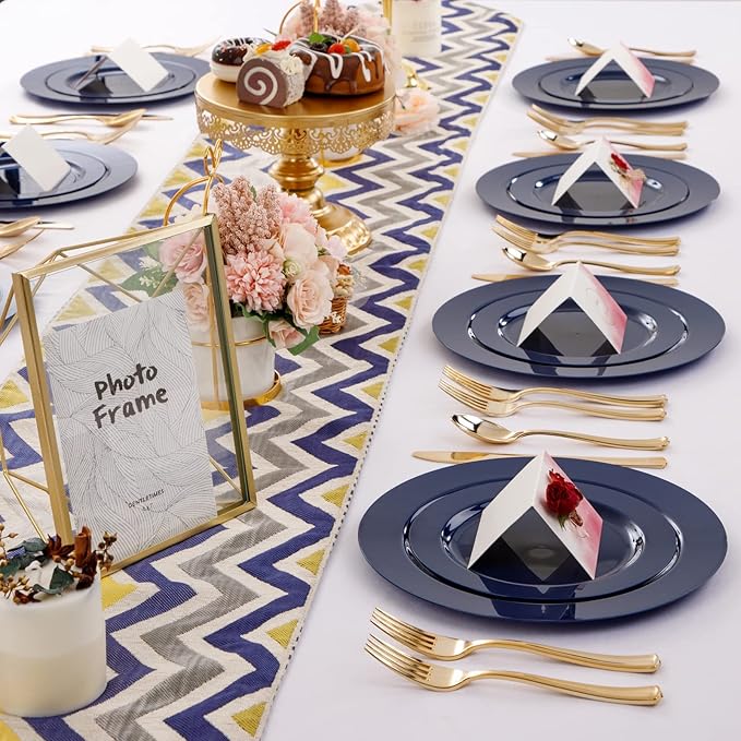 FLOWERCAT 60PCS Blue Plastic Plates - Heavy Duty Blue Plates Disposable (10.25" & 7.5") - serve for 30guest Birthday Party/Wedding/Presidents' Day/Memorial Day/Hanukkah